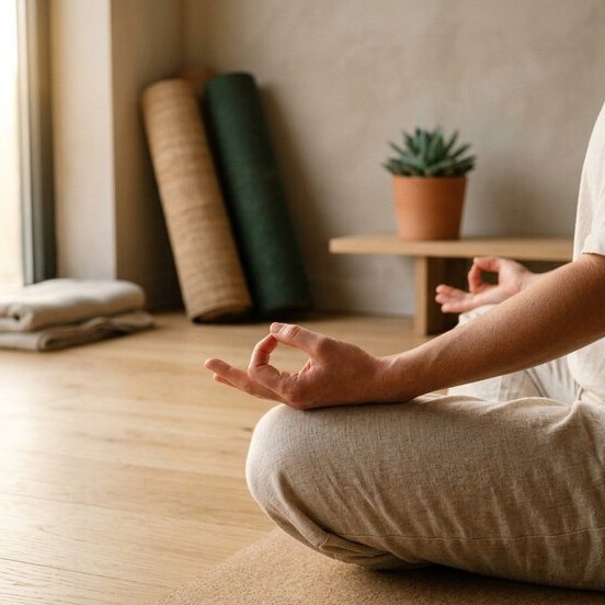 Persona meditant en posició de lotus fent un mudra amb les mans, en un espai lluminós de ioga i meditació